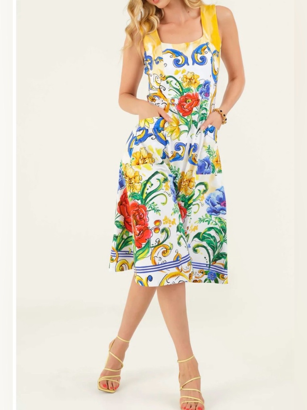 White Floral Midi Skirt with Multicolor Bloom